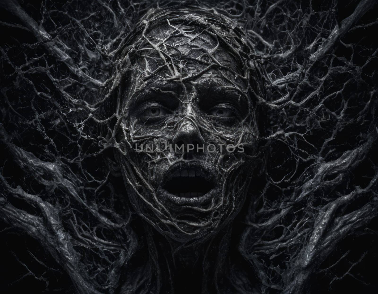 a screaming man is entwined in branches, his face full of horror and pain. mental disorders concept.
