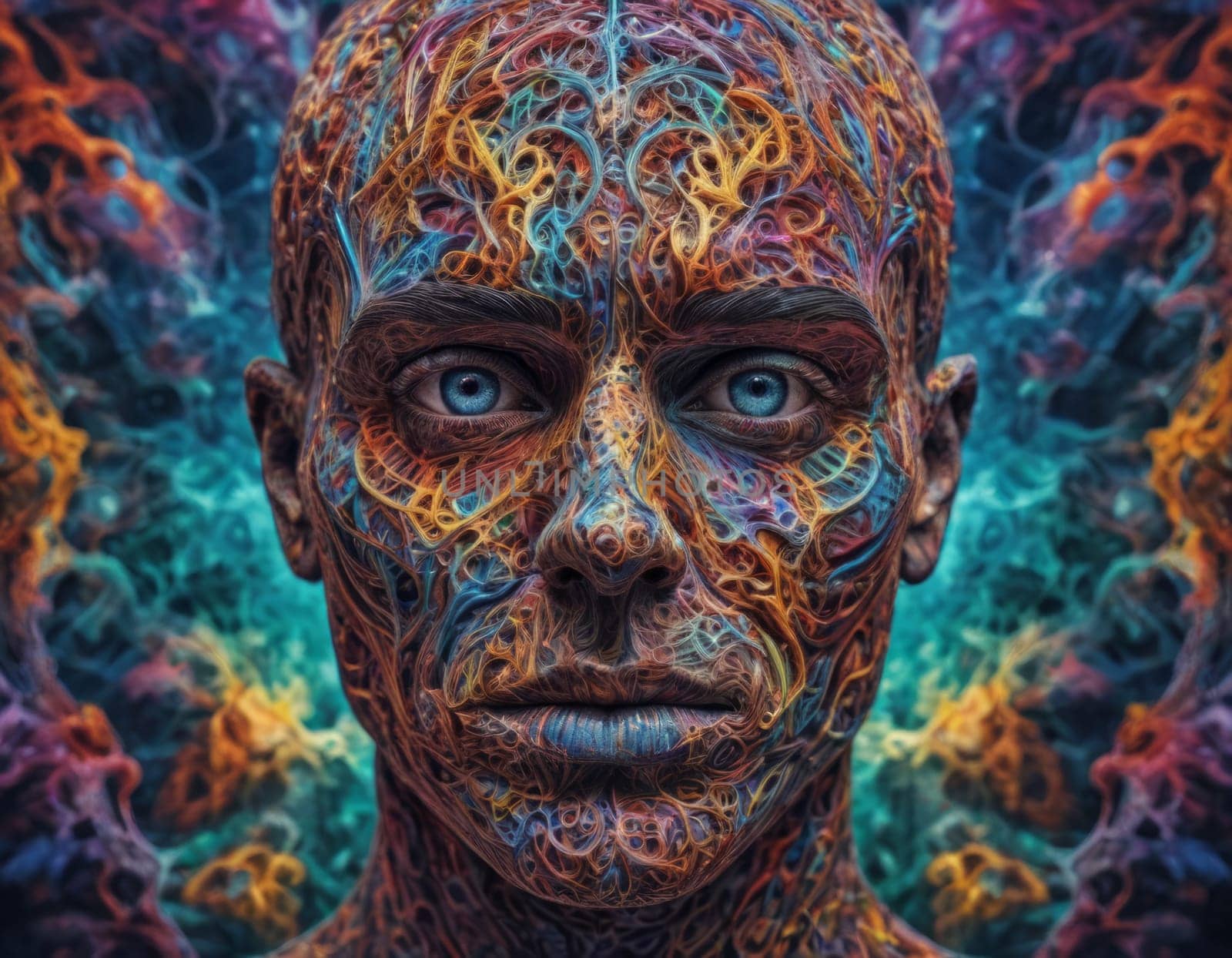 A breathtaking abstract portrait surrounded by a swirl of vibrant and mystical colors. to convey themes of mystery and creativity, esotericism and mental illness