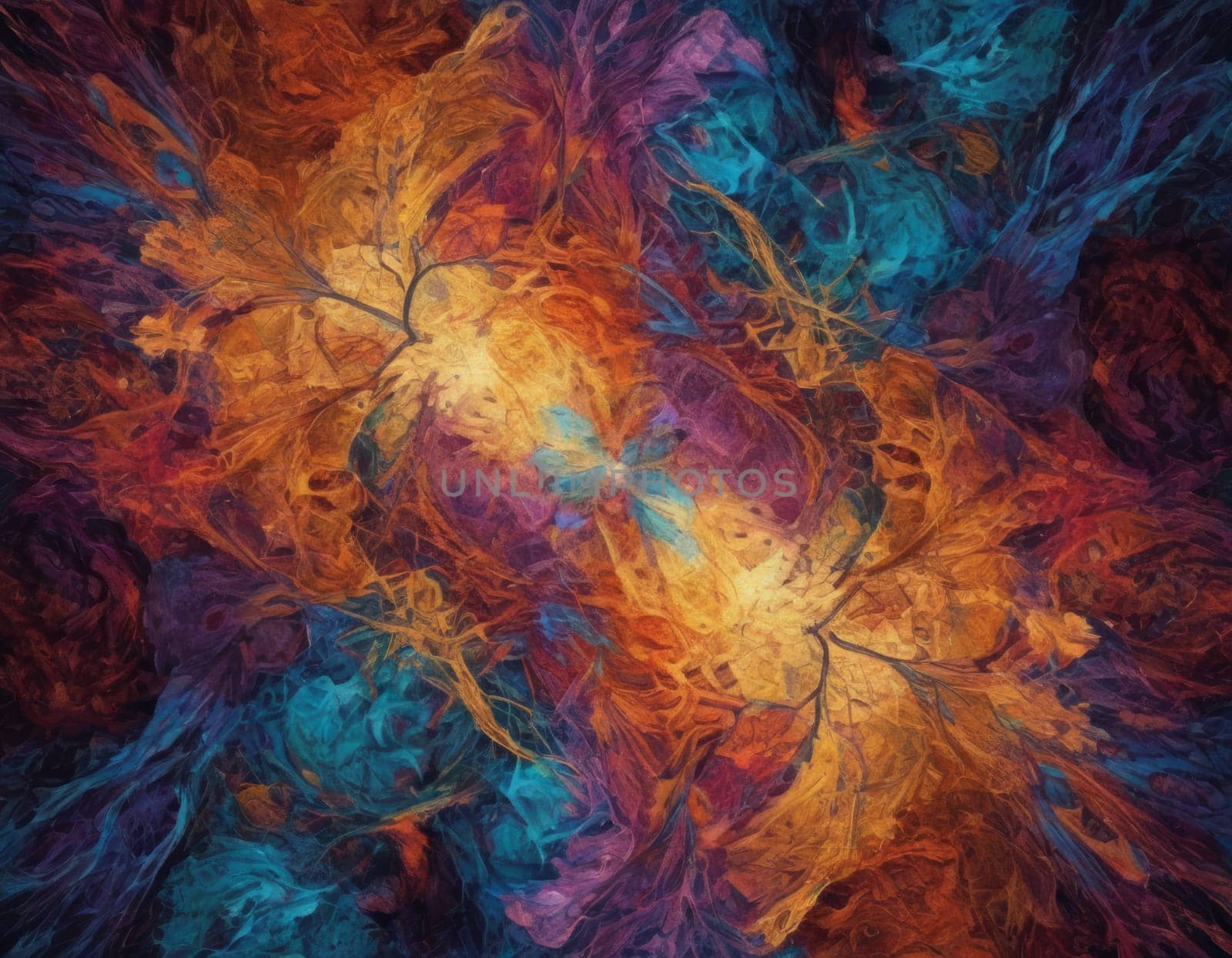 A mesmerizing swirl of vibrant colors that seems to depict a cosmic dance. The intertwining hues of blue and orange create a visually stunning abstract artwork full of energy and movement