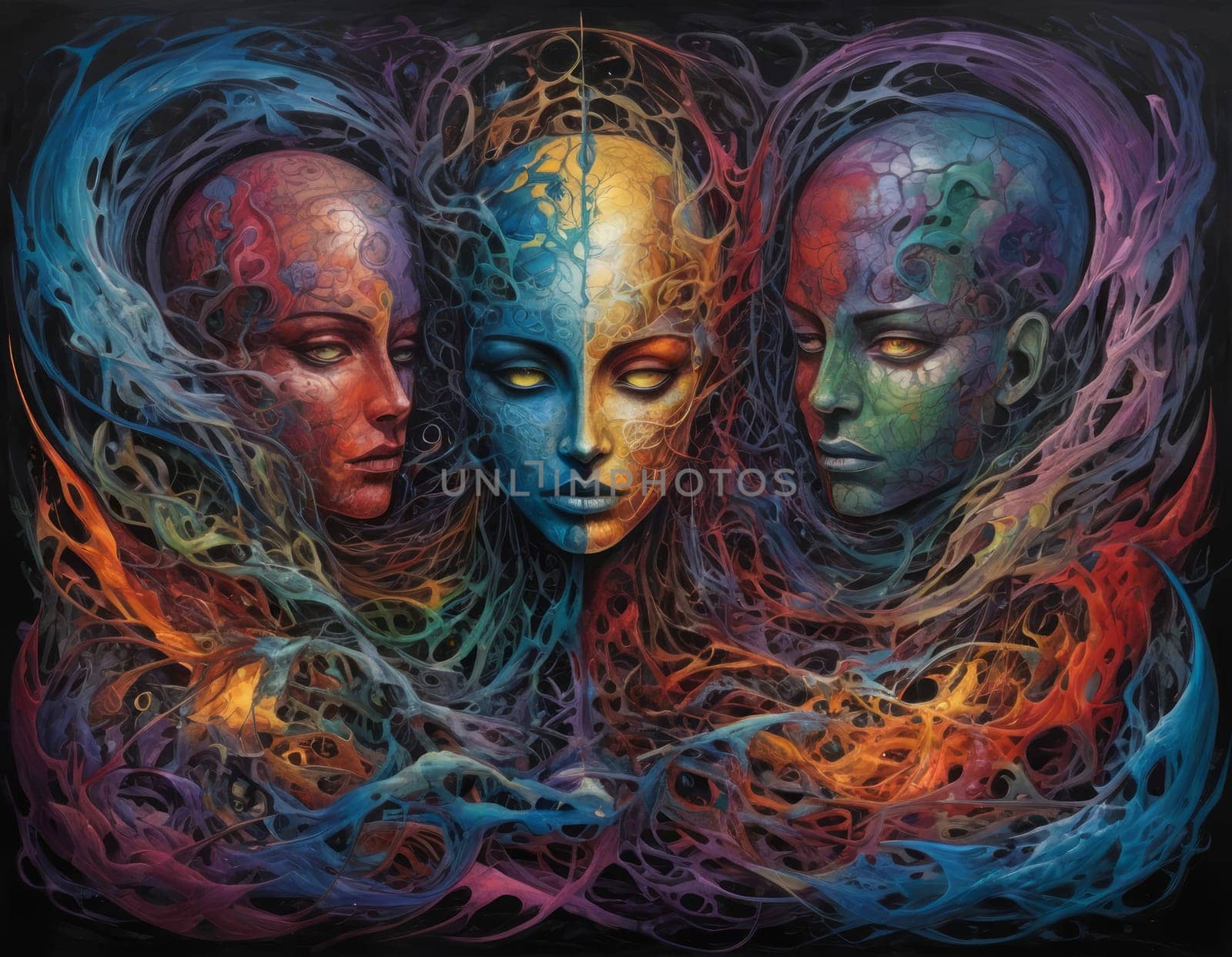 A mesmerizing swirl of vibrant colors that seems to depict a cosmic dance. The intertwining hues of blue and orange create a visually stunning abstract artwork full of energy and movement