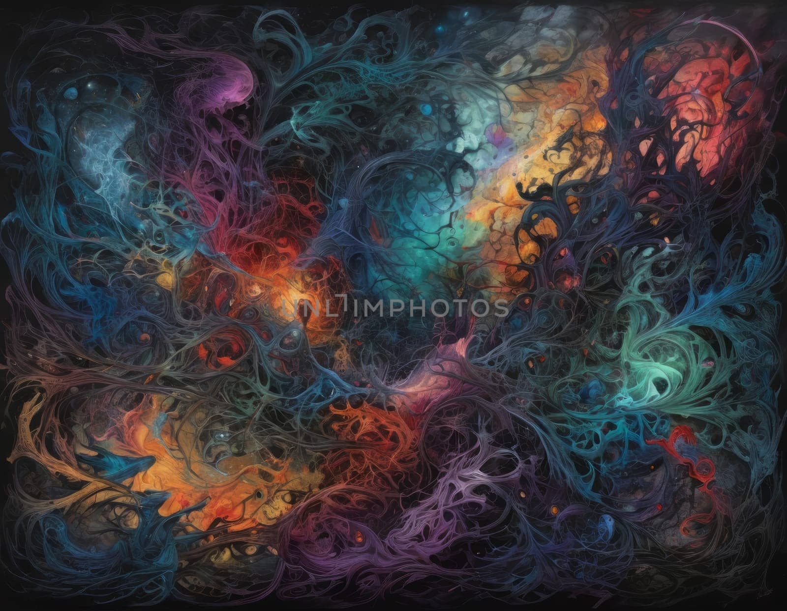 A mesmerizing swirl of vibrant colors that seems to depict a cosmic dance. The intertwining hues of blue and orange create a visually stunning abstract artwork full of energy and movement