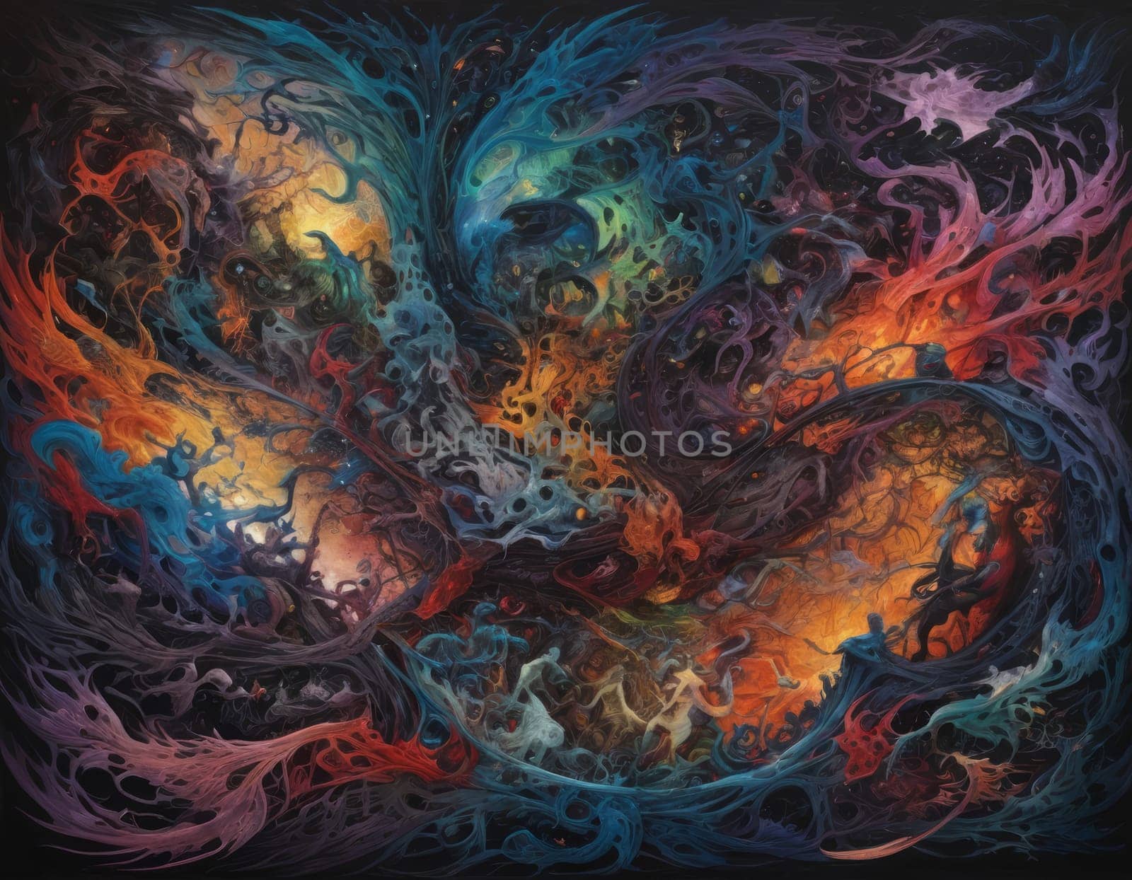 A mesmerizing swirl of vibrant colors that seems to depict a cosmic dance. The intertwining hues of blue and orange create a visually stunning abstract artwork full of energy and movement