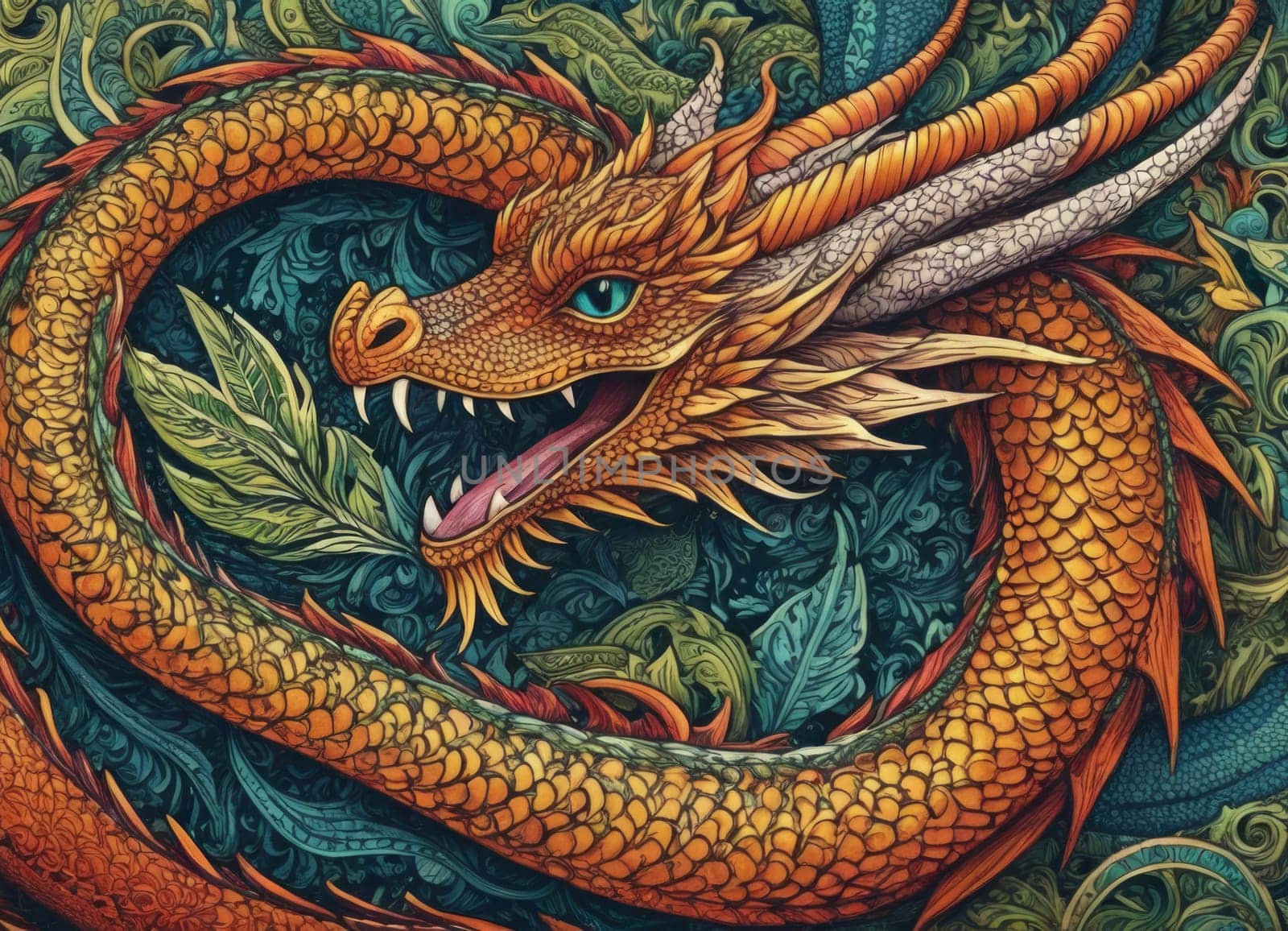 A close-up of a majestic dragon with intricate scales amidst a backdrop of vibrant swirling colors. The mythical creature s eyes gleam with mystery as it emerges from the fantastical ambiance.