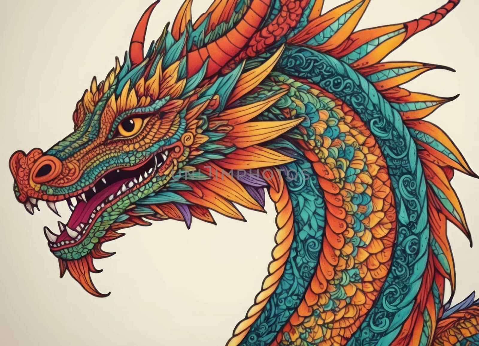 Illustration of a majestic blue dragon adorned with intricate designs on its scales. The creature s fierce expression and poised stance exude power and mystique.