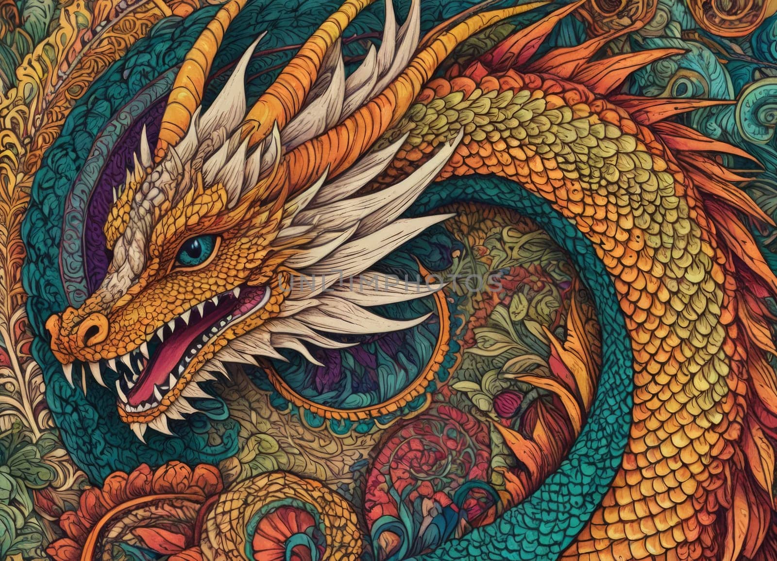 A close-up of a majestic dragon with intricate scales amidst a backdrop of vibrant swirling colors. The mythical creature s eyes gleam with mystery as it emerges from the fantastical ambiance.