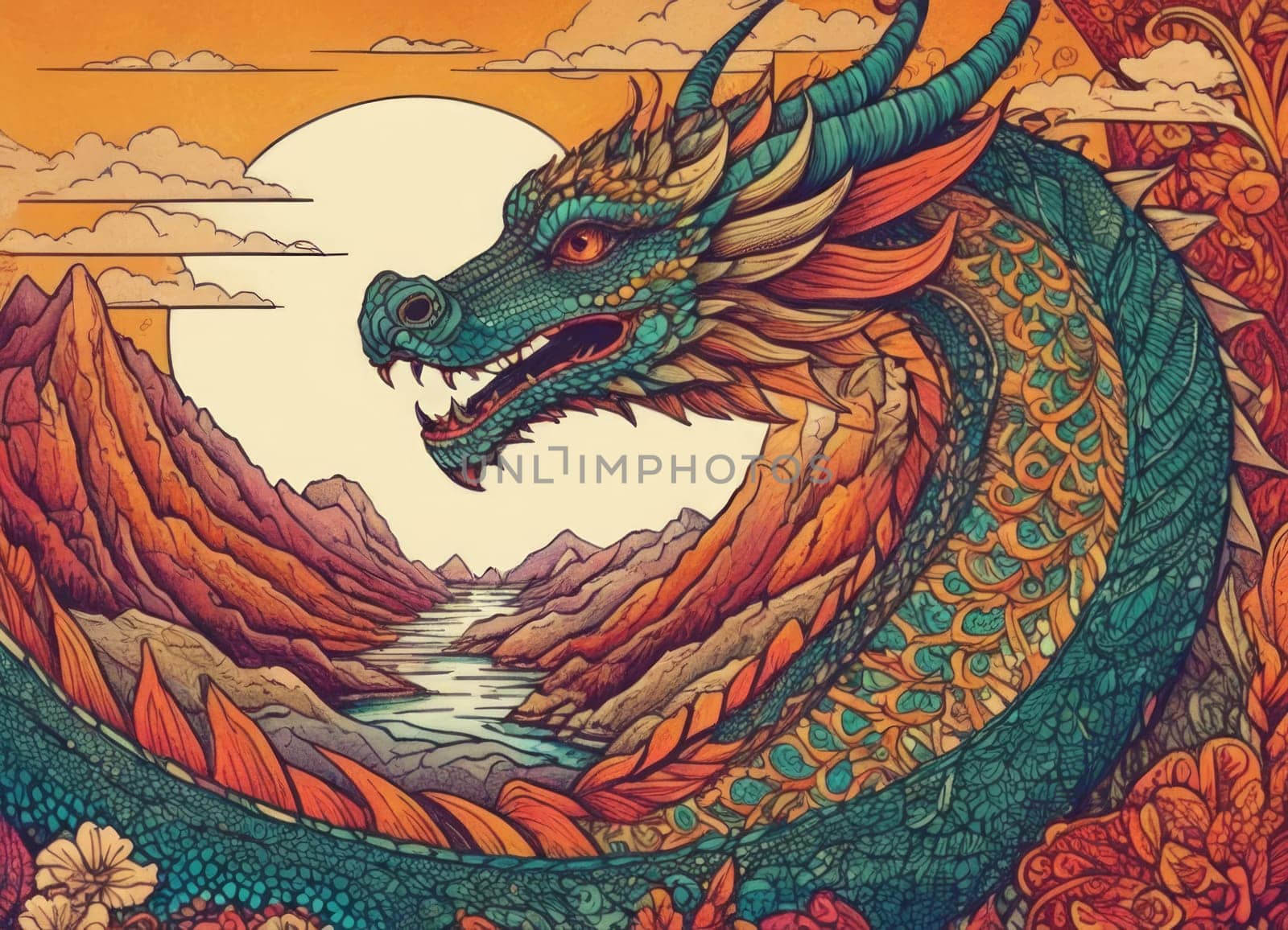 A close-up of a majestic dragon with intricate scales amidst a backdrop of vibrant swirling colors. The mythical creature s eyes gleam with mystery as it emerges from the fantastical ambiance.