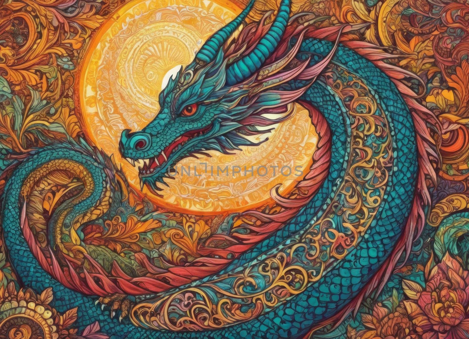 A close-up of a majestic dragon with intricate scales amidst a backdrop of vibrant swirling colors. The mythical creature s eyes gleam with mystery as it emerges from the fantastical ambiance.