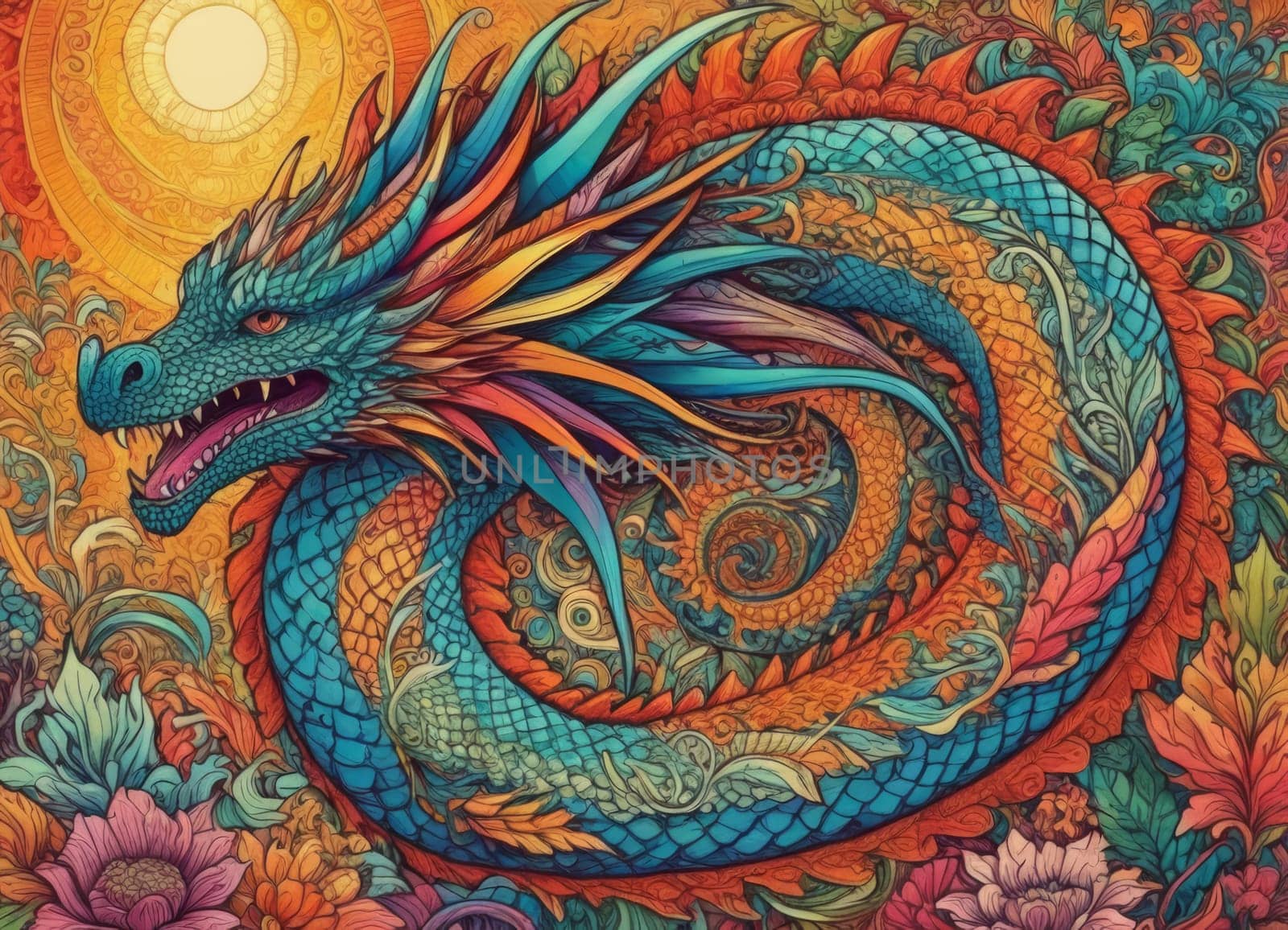 A close-up of a majestic dragon with intricate scales amidst a backdrop of vibrant swirling colors. The mythical creature s eyes gleam with mystery as it emerges from the fantastical ambiance.