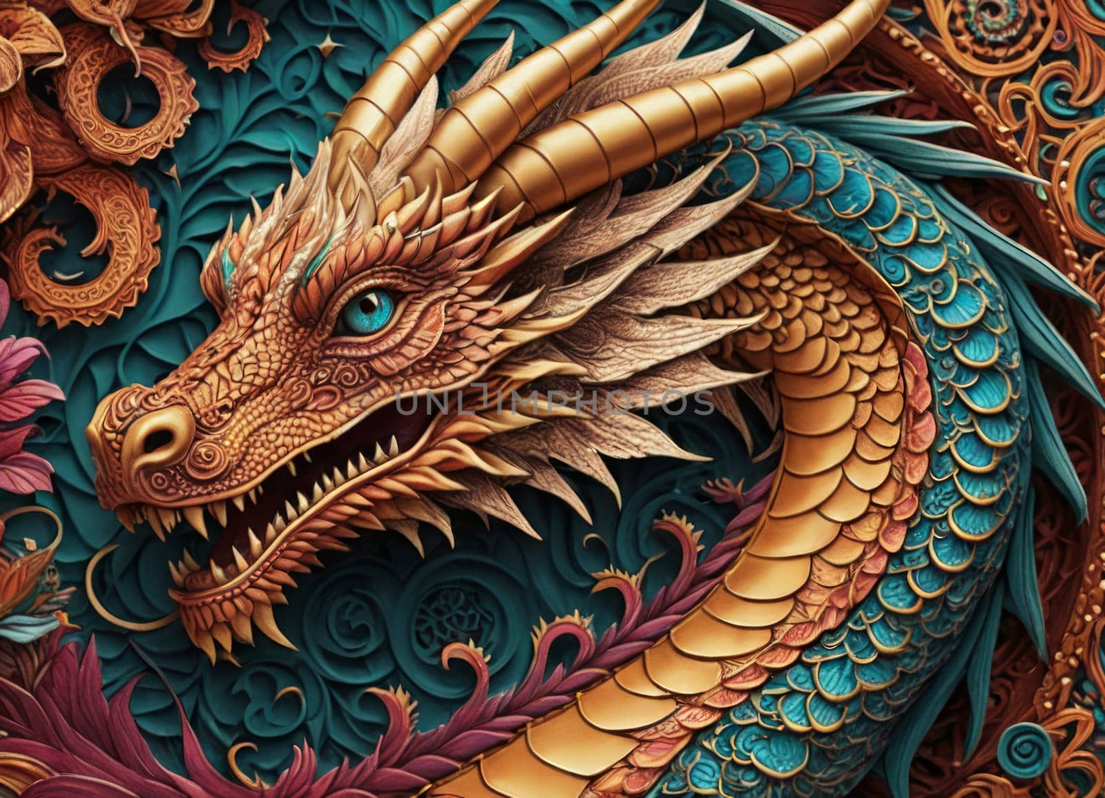 A close-up of a majestic dragon with intricate scales amidst a backdrop of vibrant swirling colors. The mythical creature s eyes gleam with mystery as it emerges from the fantastical ambiance.