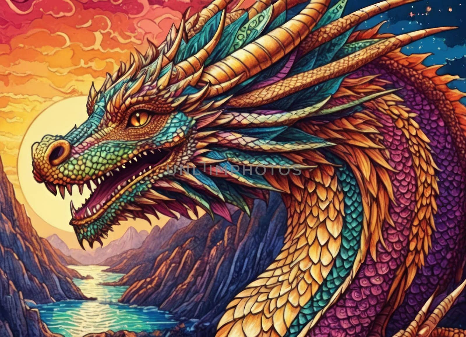 A close-up of a majestic dragon with intricate scales amidst a backdrop of vibrant swirling colors. The mythical creature s eyes gleam with mystery as it emerges from the fantastical ambiance.