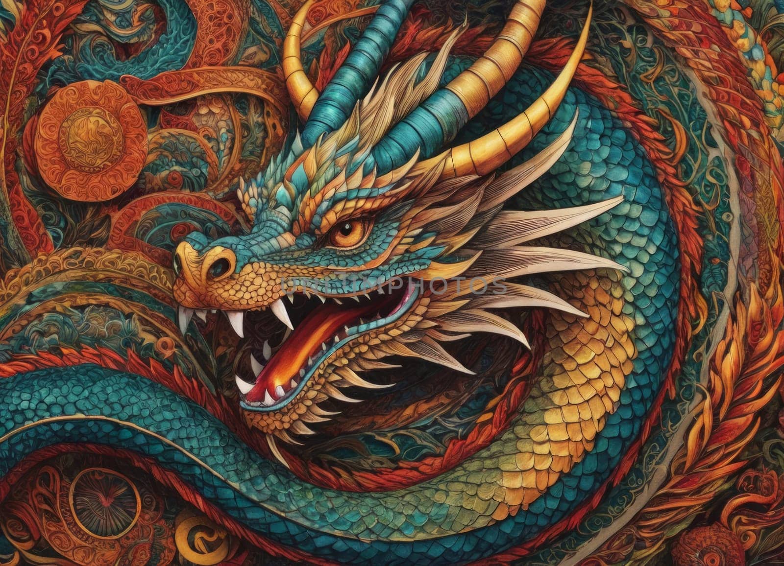 A close-up of a majestic dragon with intricate scales amidst a backdrop of vibrant swirling colors. The mythical creature s eyes gleam with mystery as it emerges from the fantastical ambiance.