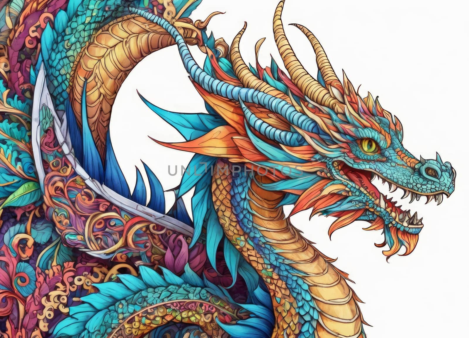 Illustration of a majestic blue dragon adorned with intricate designs on its scales. The creature s fierce expression and poised stance exude power and mystique.
