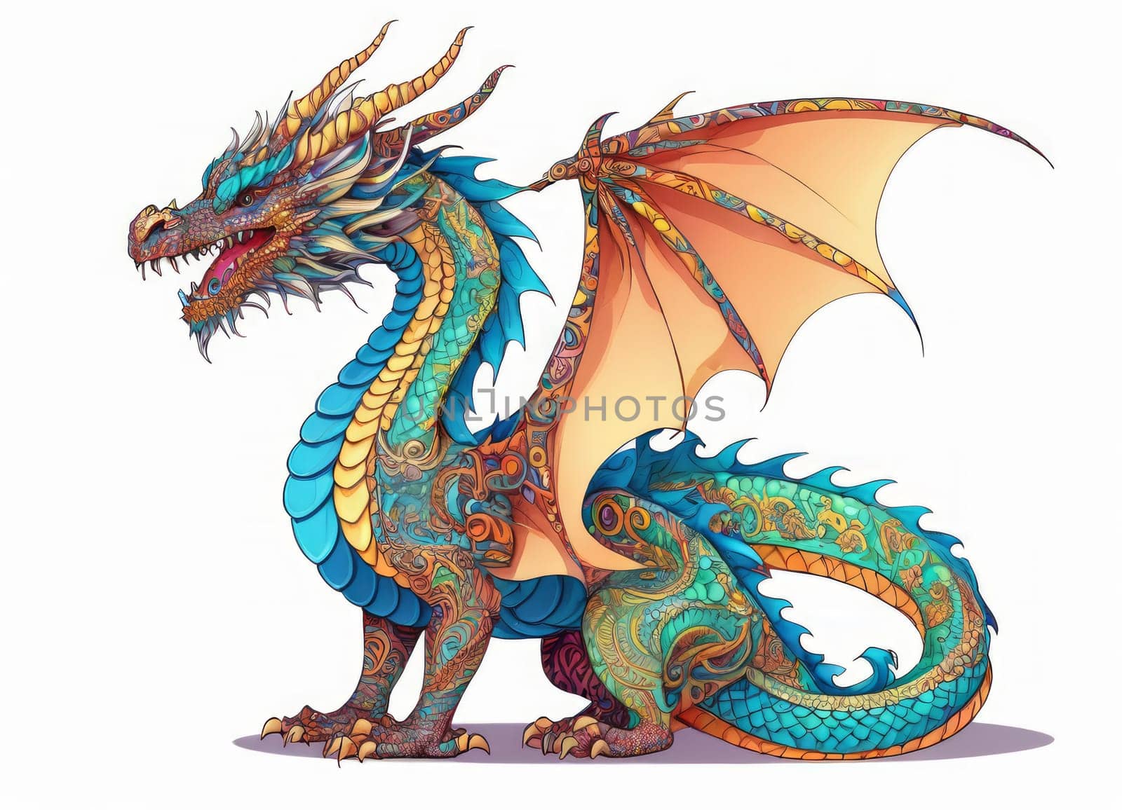 Illustration of a majestic blue dragon adorned with intricate designs on its scales. The creature s fierce expression and poised stance exude power and mystique.