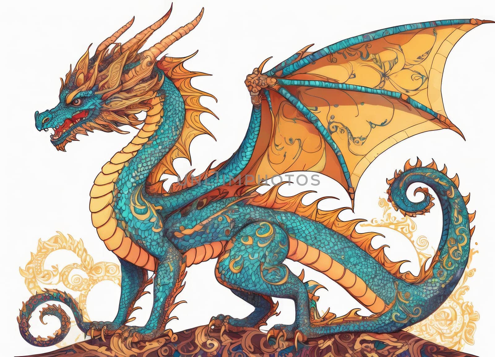 Illustration of a majestic blue dragon adorned with intricate designs on its scales. The creature s fierce expression and poised stance exude power and mystique.