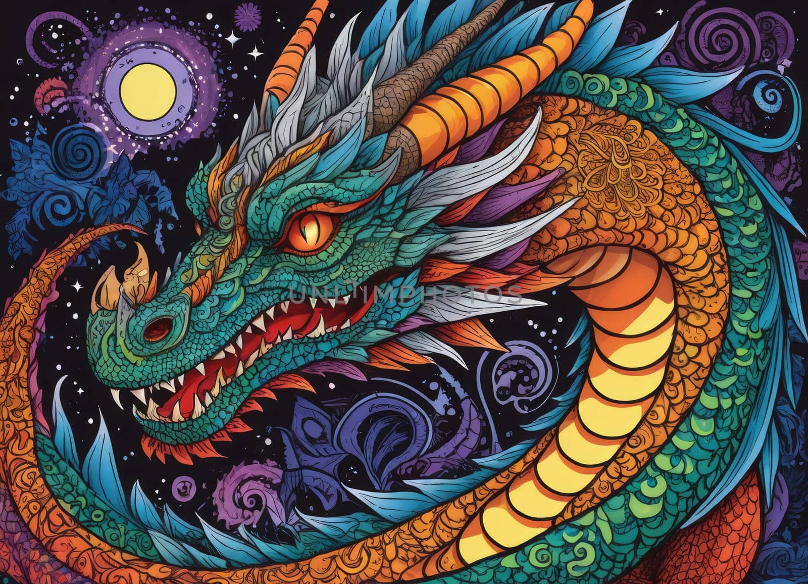 A close-up of a majestic dragon with intricate scales amidst a backdrop of vibrant swirling colors. The mythical creature s eyes gleam with mystery as it emerges from the fantastical ambiance.