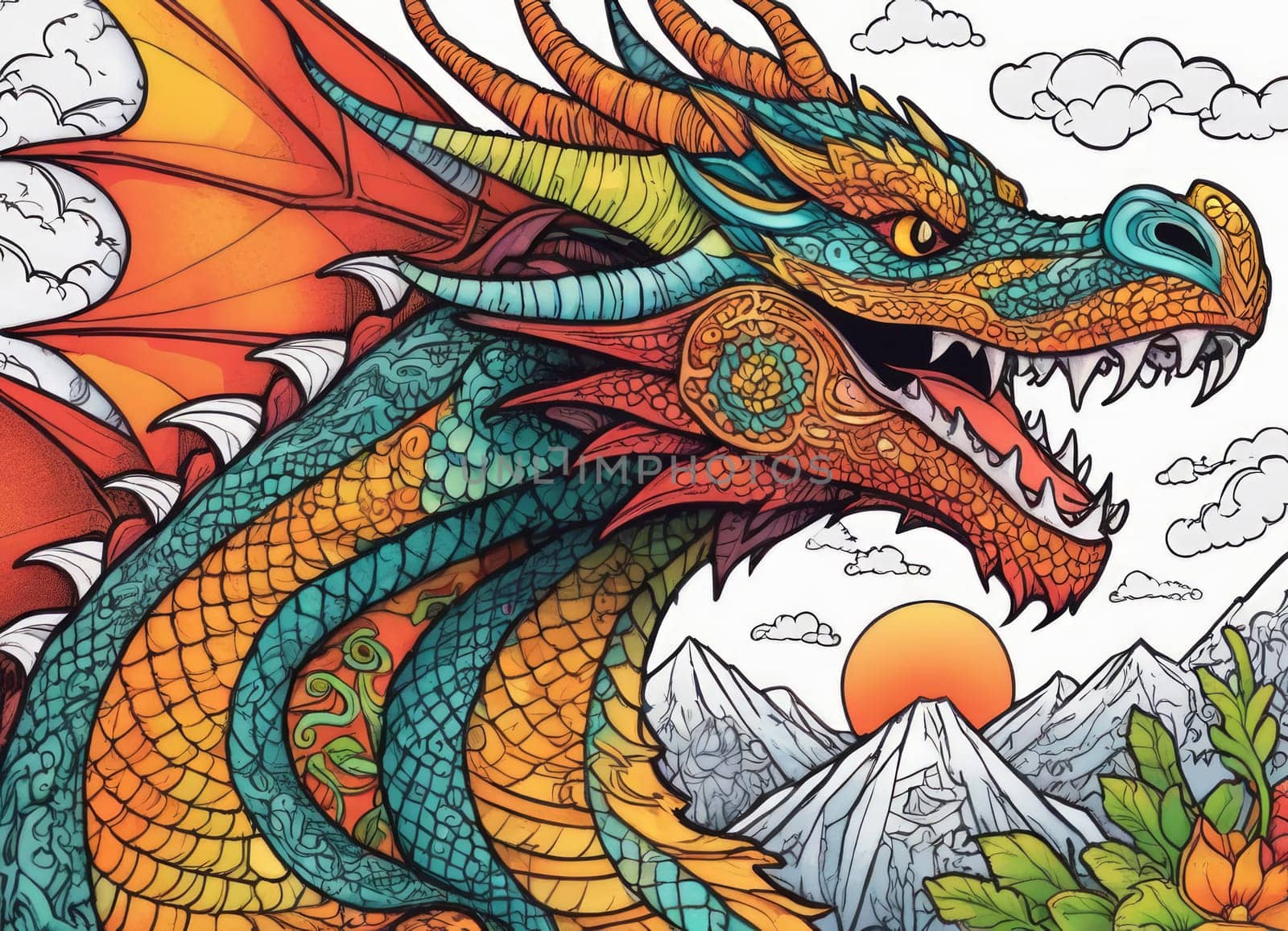 Illustration of a majestic blue dragon adorned with intricate designs on its scales. The creature s fierce expression and poised stance exude power and mystique.