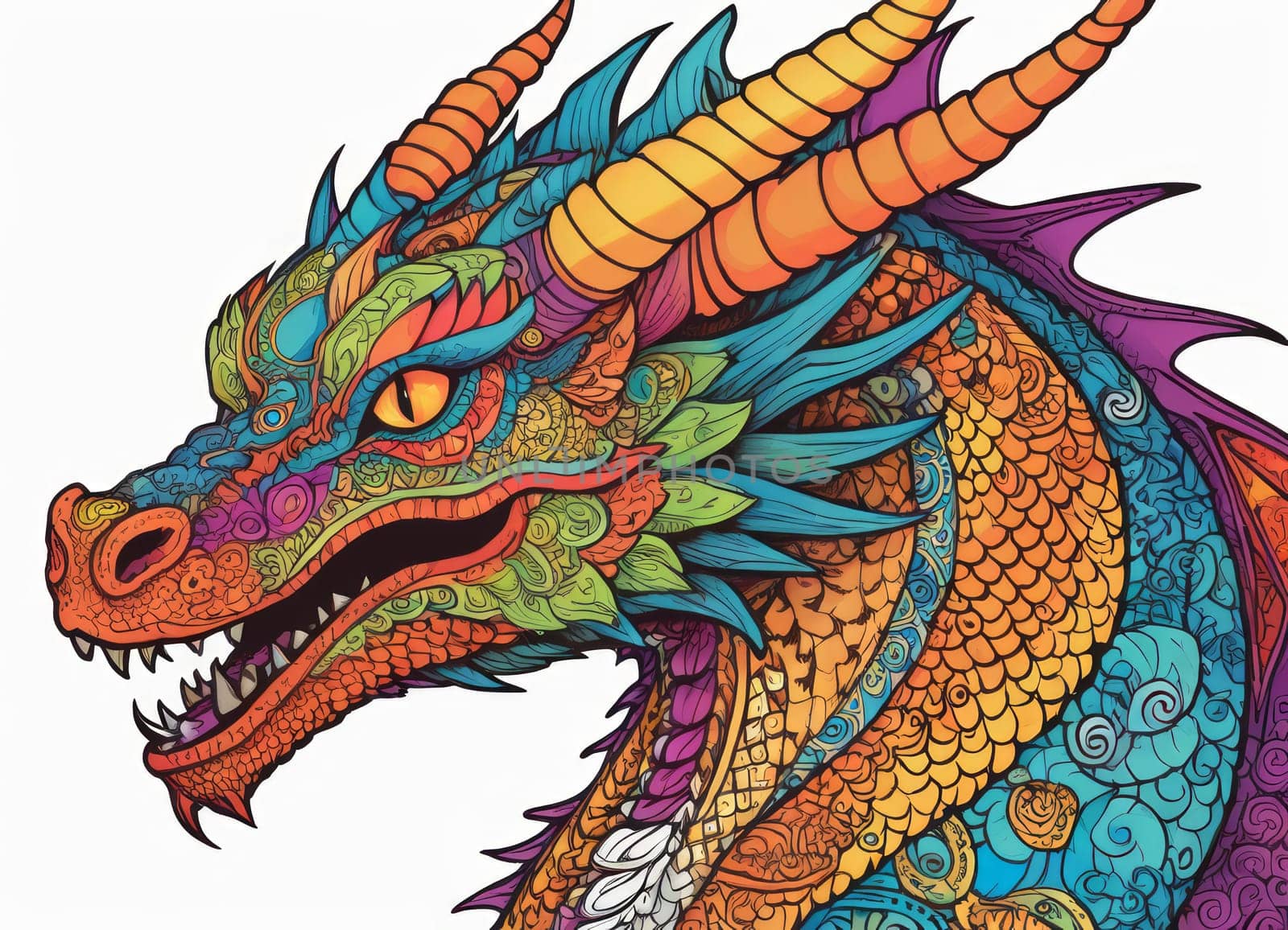 Illustration of a majestic blue dragon adorned with intricate designs on its scales. The creature s fierce expression and poised stance exude power and mystique.