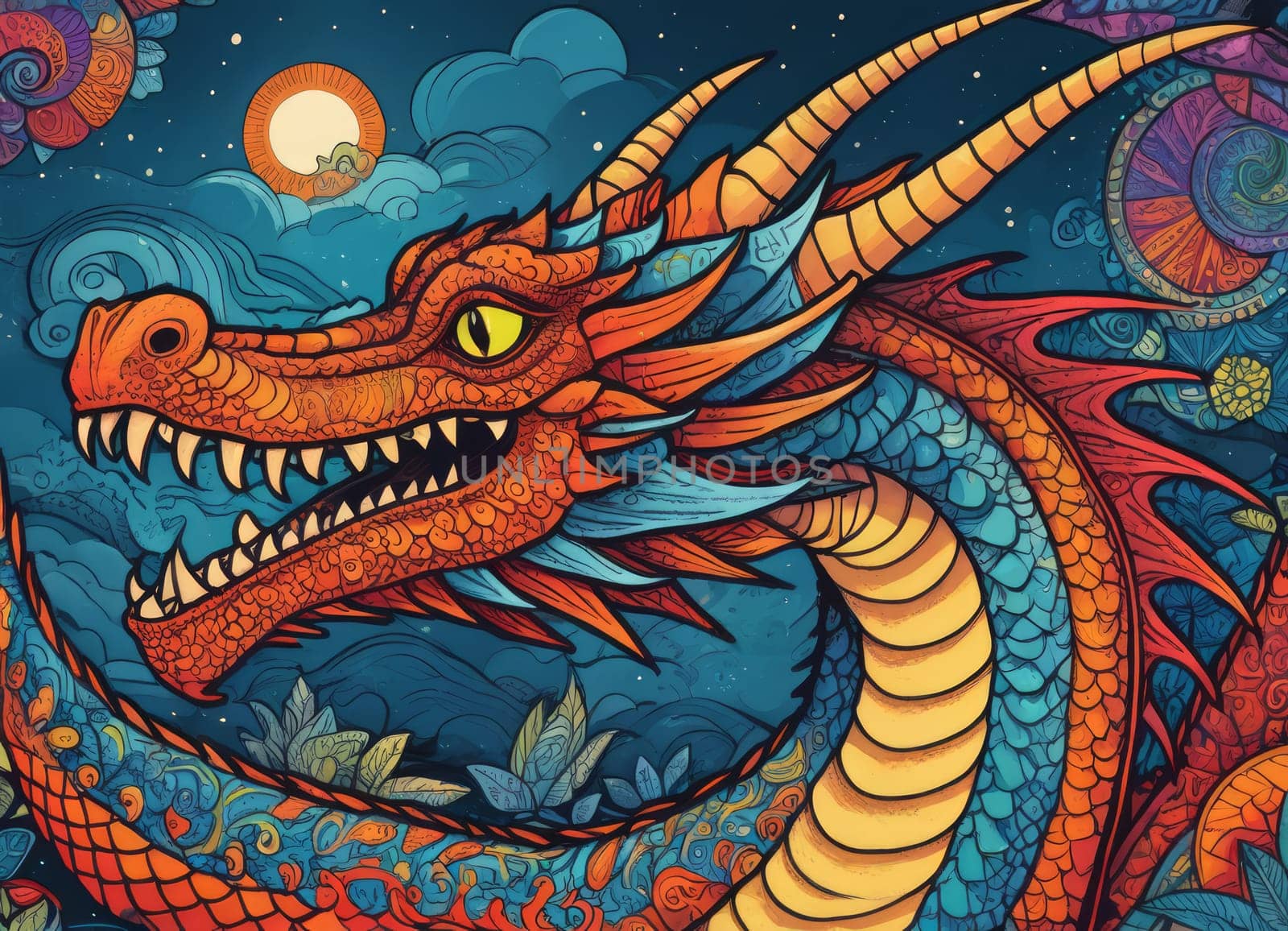 A close-up of a majestic dragon with intricate scales amidst a backdrop of vibrant swirling colors. The mythical creature s eyes gleam with mystery as it emerges from the fantastical ambiance.