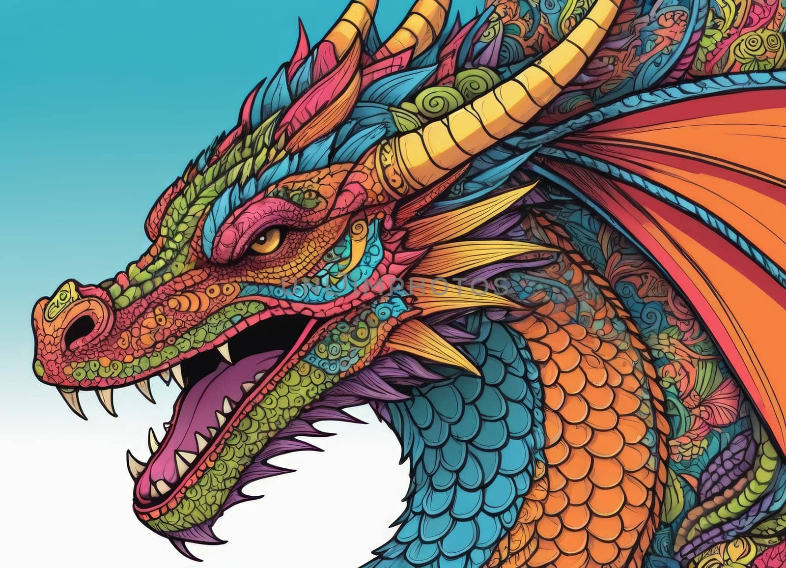 Illustration of a majestic blue dragon adorned with intricate designs on its scales. The creature s fierce expression and poised stance exude power and mystique.