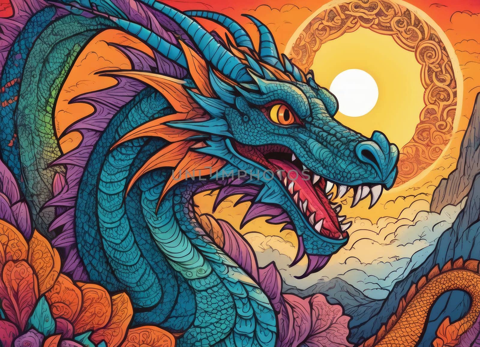 A close-up of a majestic dragon with intricate scales amidst a backdrop of vibrant swirling colors. The mythical creature s eyes gleam with mystery as it emerges from the fantastical ambiance.