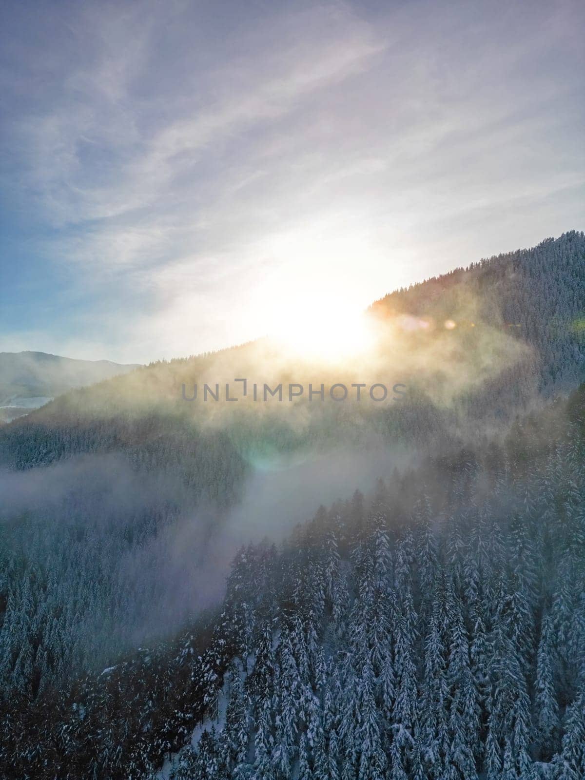 Aerial sunset view of foggy winter pine forest in Low Tatras mountains of Slovakia. Snowy nature landscape of dark scenic frozen valley, sunshine with rays of light in blue evening sky overhead