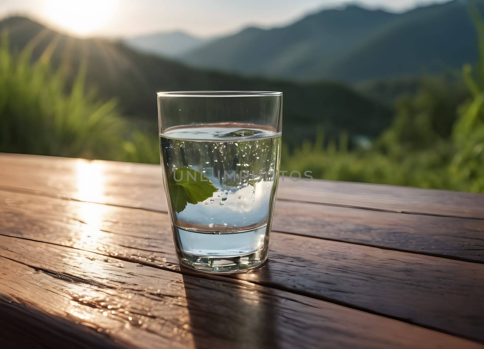 A serene and refreshing moment where water is being poured into a glass. The glass is placed on a wooden surface, and the background reveals a breathtaking view of lush green mountains under a clear sky.