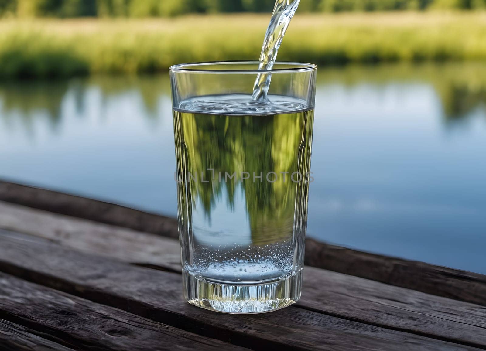 A serene and refreshing moment when water is poured into a glass. Glass placed on a wooden surface, pure nature in the background
