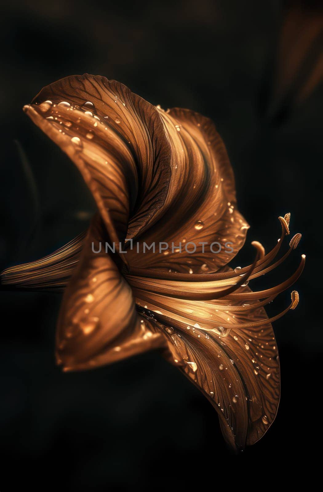 Majestic Bronze Lily with Dewdrops, Dark Elegance in Floral Photography