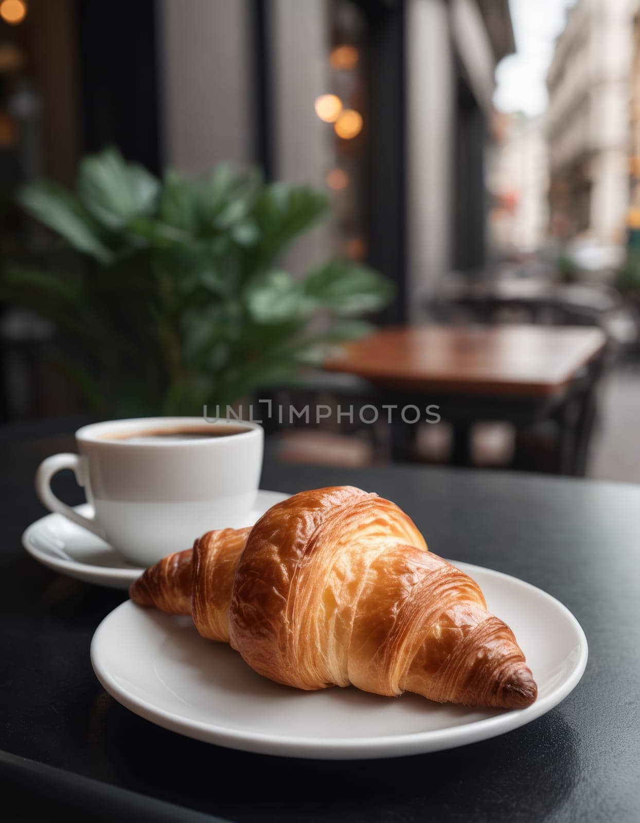 Croissant and cup of coffee on a table outside. Morning breakfast in a cozy European city