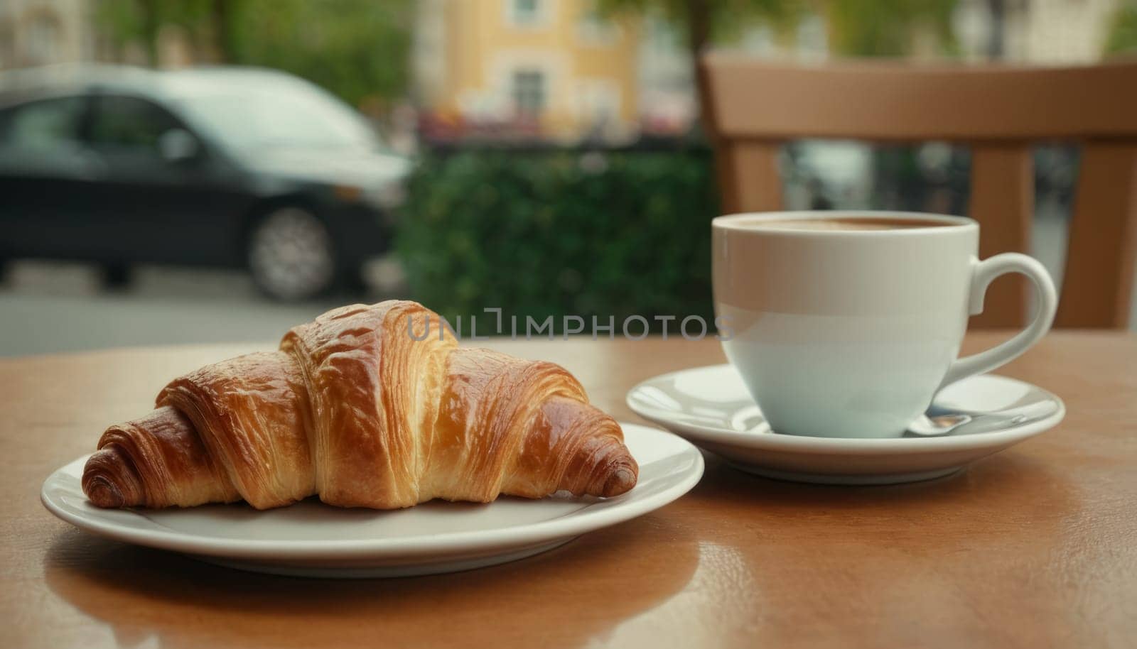 A fresh croissant and a cup of coffee elegantly placed on a wooden table with a beautiful city street view in the background. The warm morning light enhances the inviting atmosphere. Ideal for content related to food and travel.