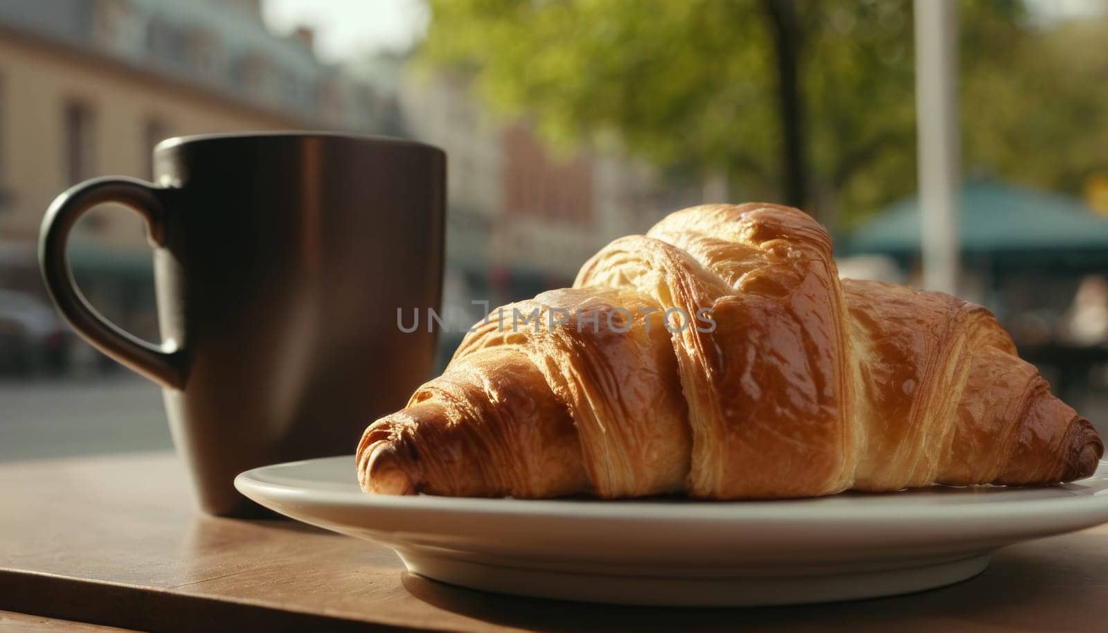 Croissant and cup of coffee on a table outside. Morning breakfast in a cozy European city