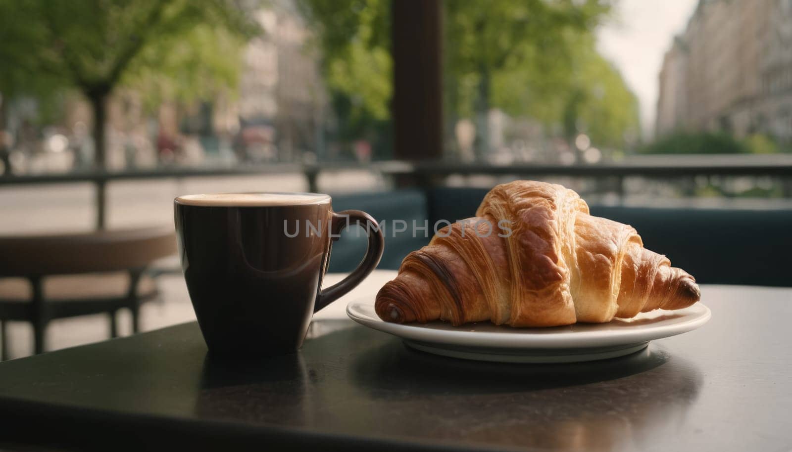 Croissant and cup of coffee on a table outside. Morning breakfast in a cozy European city