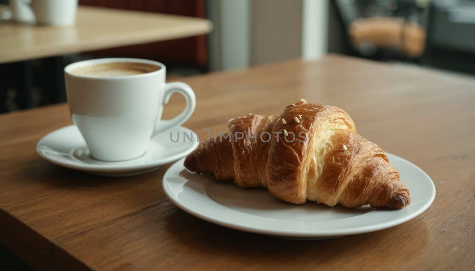 Croissant and cup of coffee on a table outside. Morning breakfast in a cozy European city