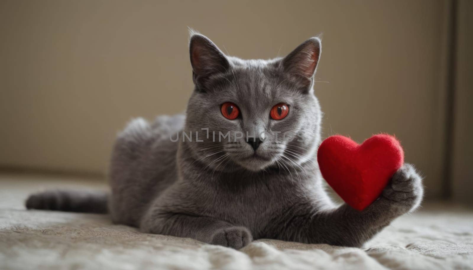 A grey cat with detailed fur texture and mesmerizing eyes holds a glossy, red heart-shaped object with intricate designs. The image portrays a tender and affectionate mood, with the plain grey background highlighting the subject.