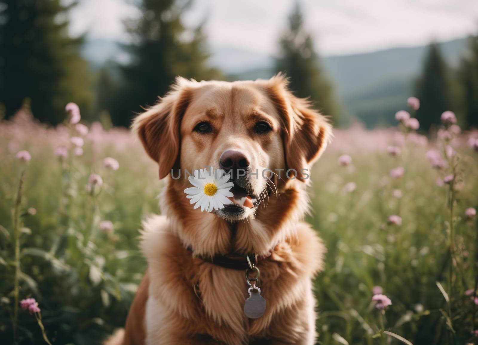 Dog with flowers in nature.