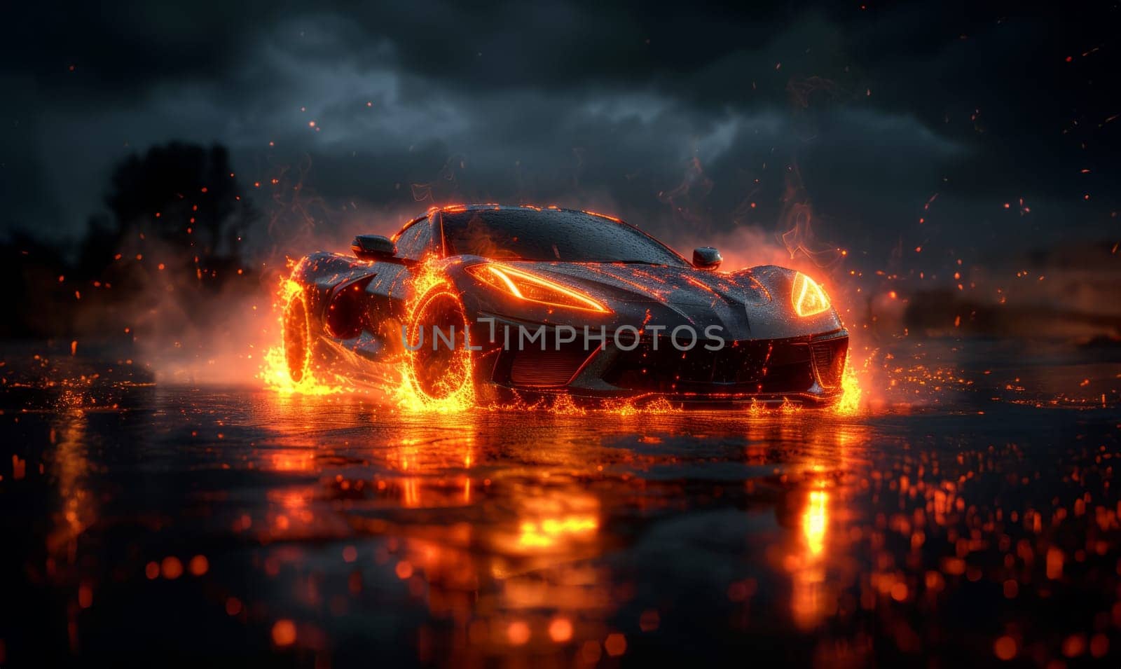 fiery sports car with sparkling sparks against the dark sky in 4k