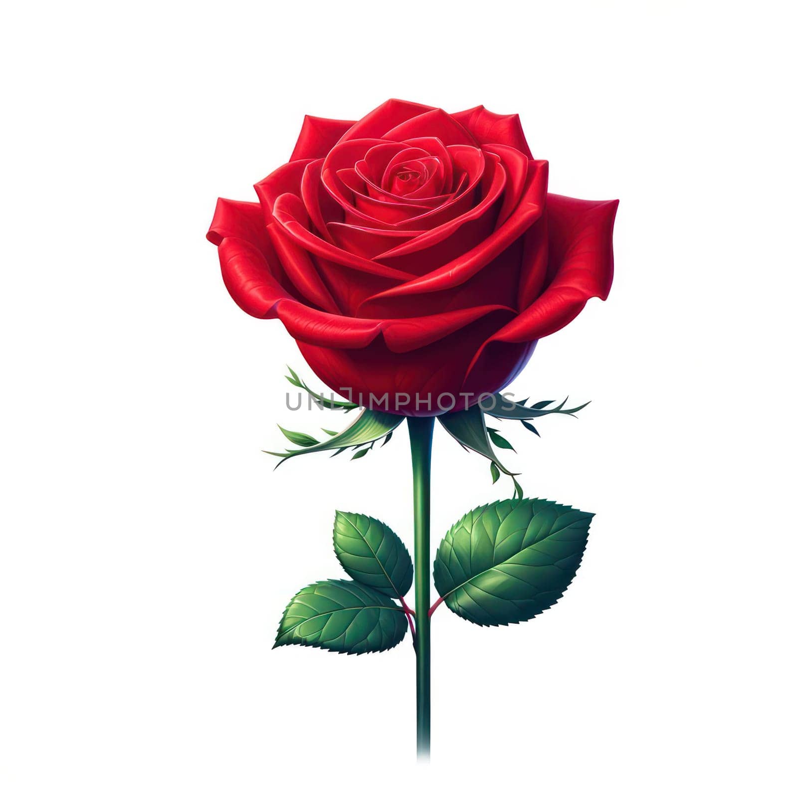 Vivid Red Rose with Soft Petals and Green Leaf, Symbol of Love and Beauty.