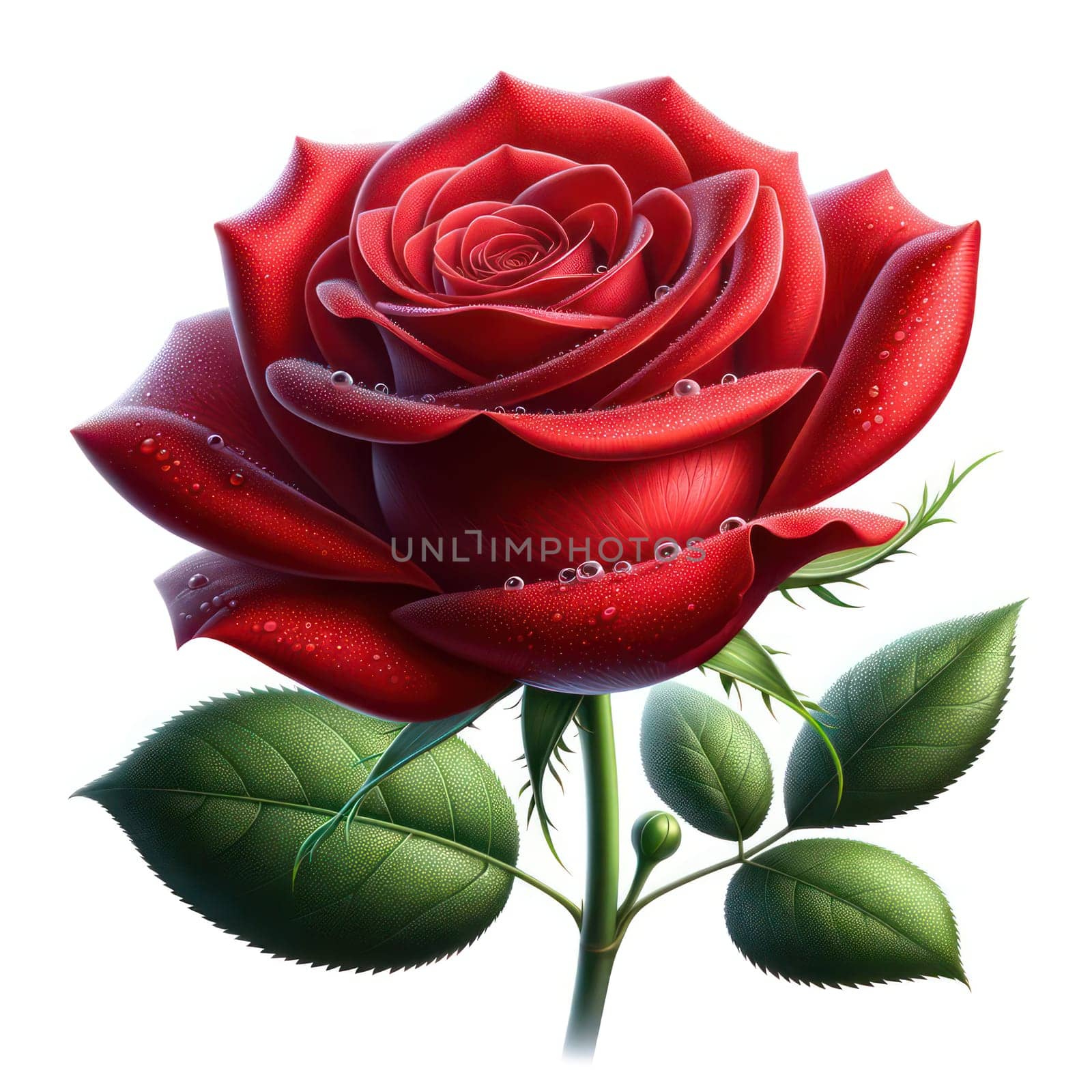 Vivid Red Rose with Soft Petals and Green Leaf, Symbol of Love and Beauty by Dvorak