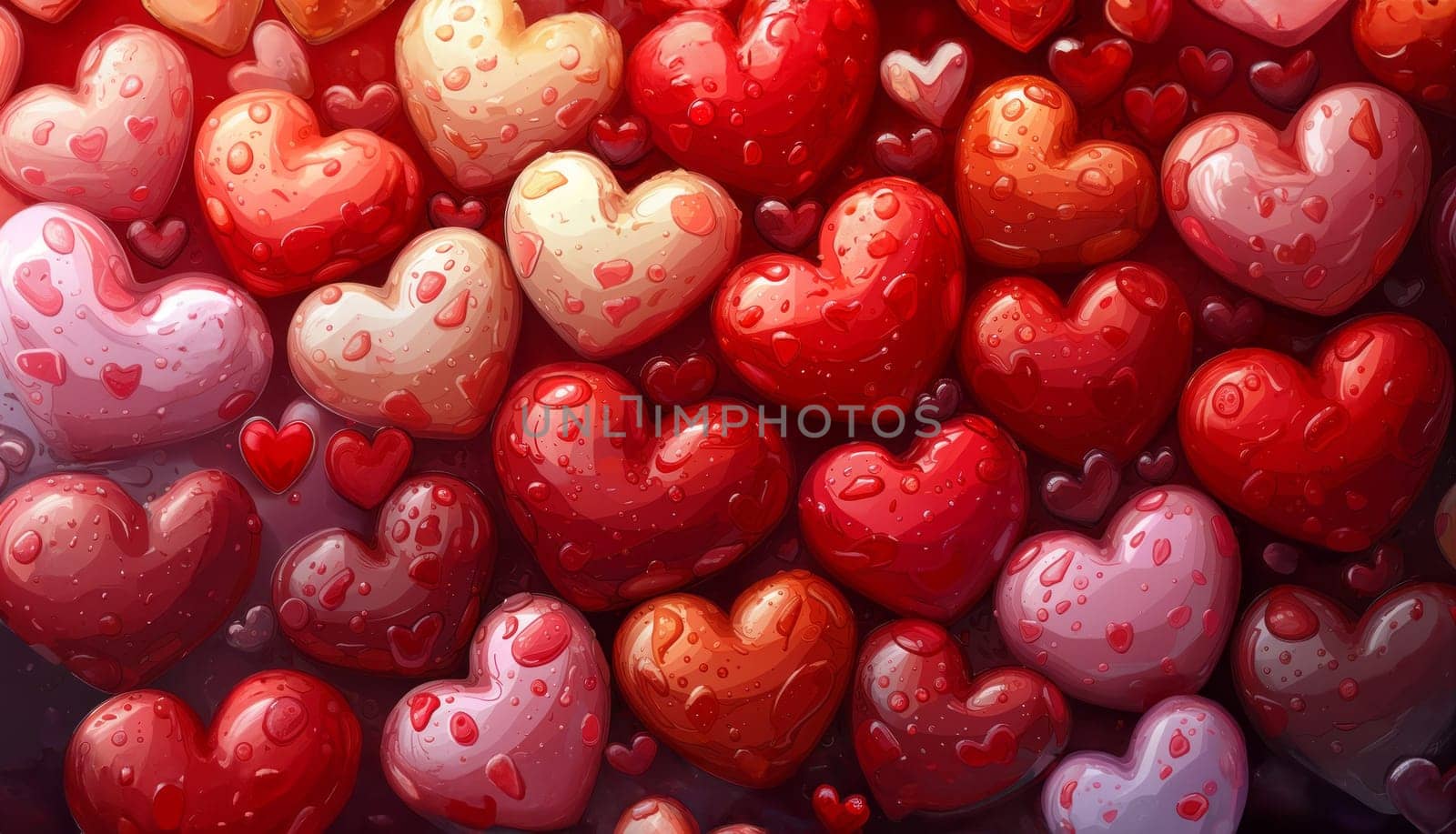 many valentines day hearts with big drops of water in 4k
