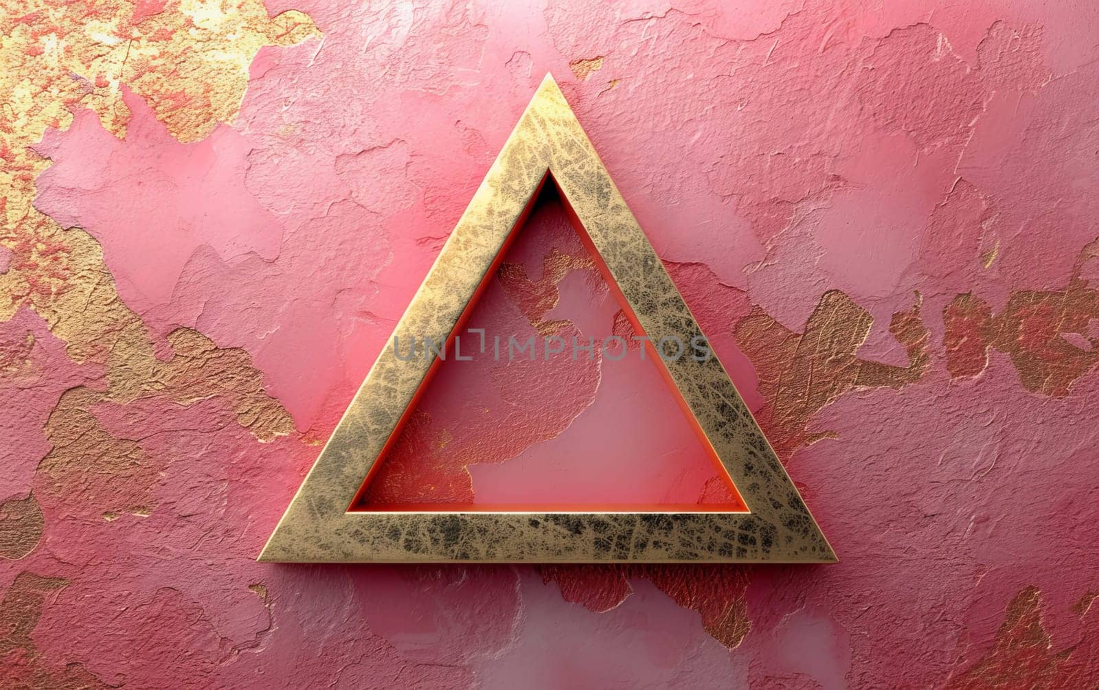 golden triangle on pink textured peeled wall background in 4k