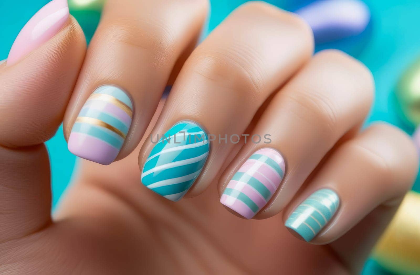 Woman's hand with Easter nail design. AI generated by OlgaGubskaya