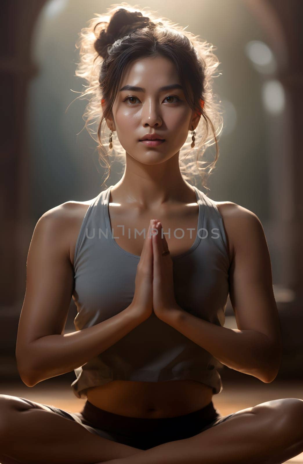 Asian beautiful woman sitting in lotus position, holding palms together by Andre1ns