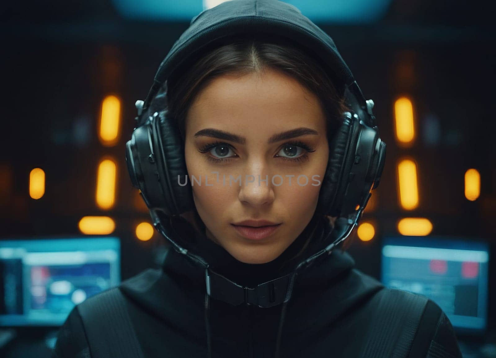 Close-up of a woman in a black hood, sci-fi female character.