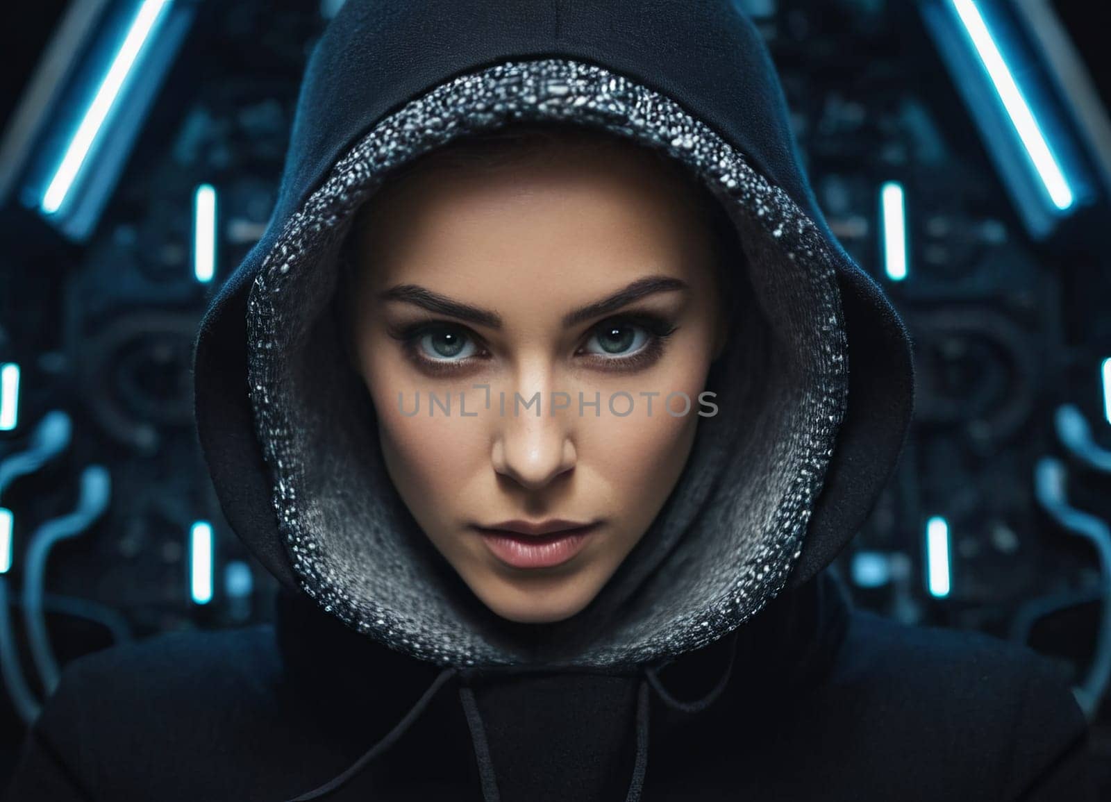 Close-up of a woman in a black hood, sci-fi female character