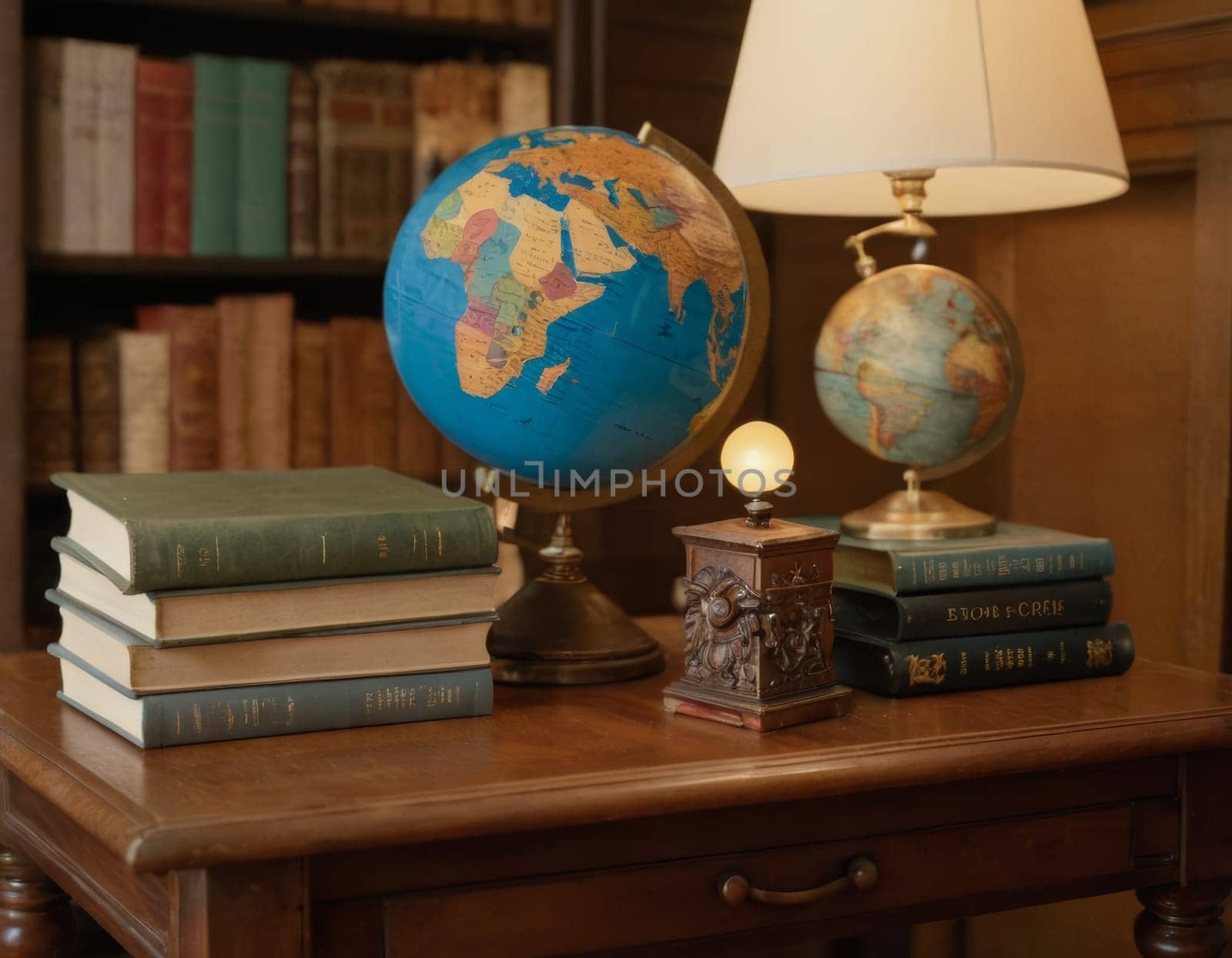 A serene setting featuring a collection of vintage books and a colorful globe. The image evokes a sense of quiet contemplation and the pursuit of knowledge. Ideal for themes related to reading and education.