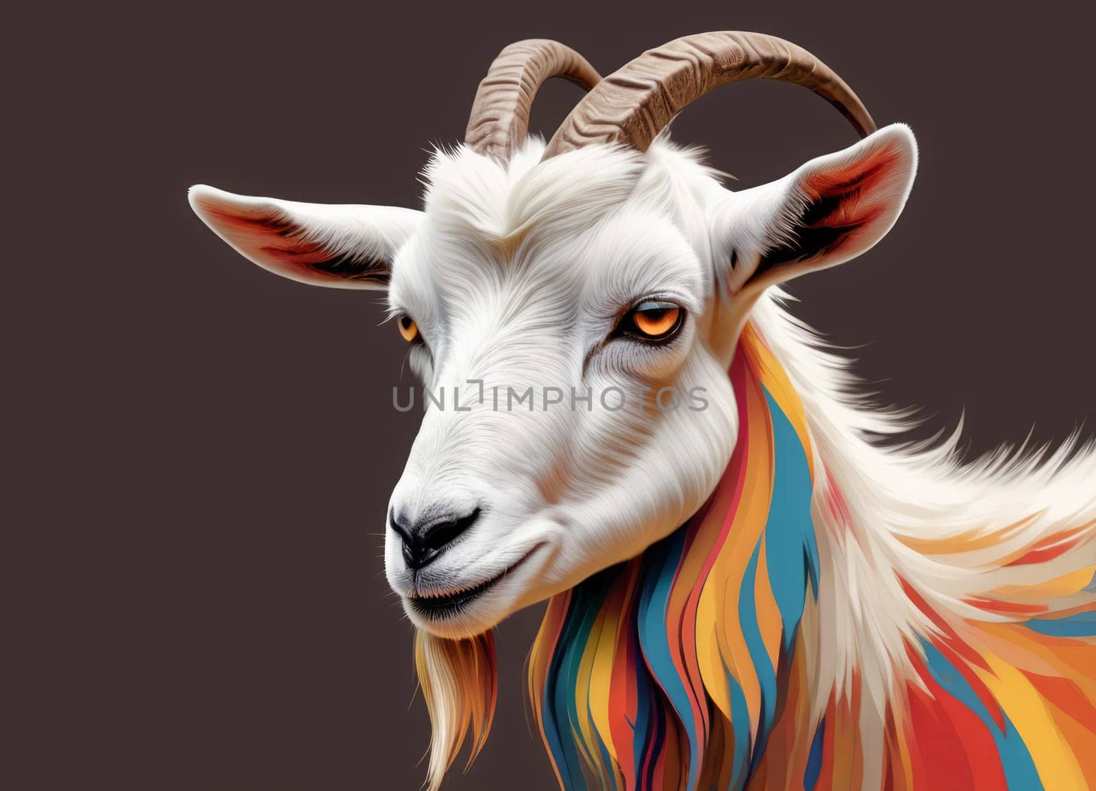 The image portrays a vibrantly colored illustration of a goat. The use of bright, contrasting colors and detailed shading gives the artwork a lively and captivating appearance.