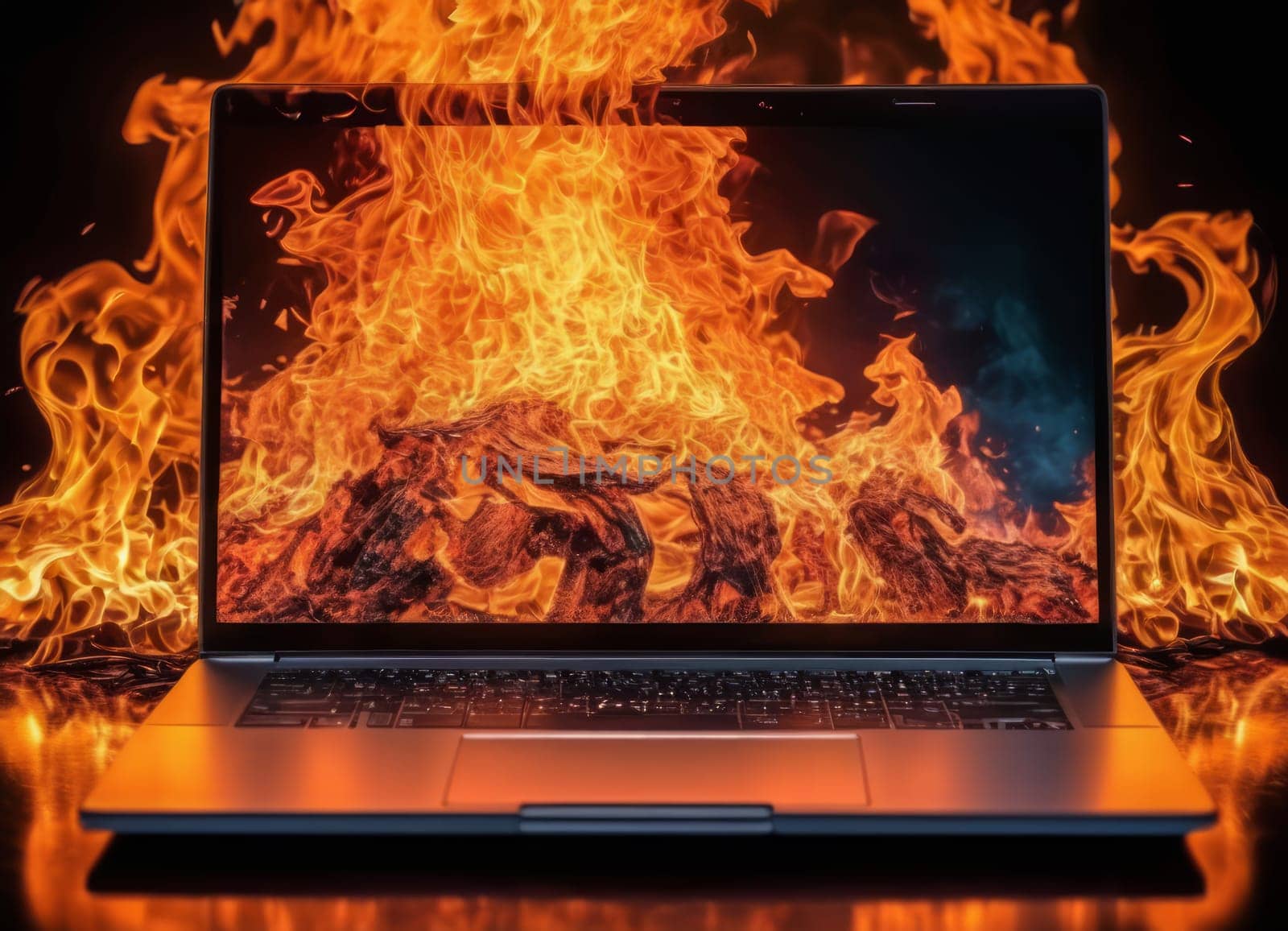 A dramatic image of a blue laptop engulfed in vivid orange and yellow flames, indicating a severe fire hazard or a metaphor for a disastrous situation.