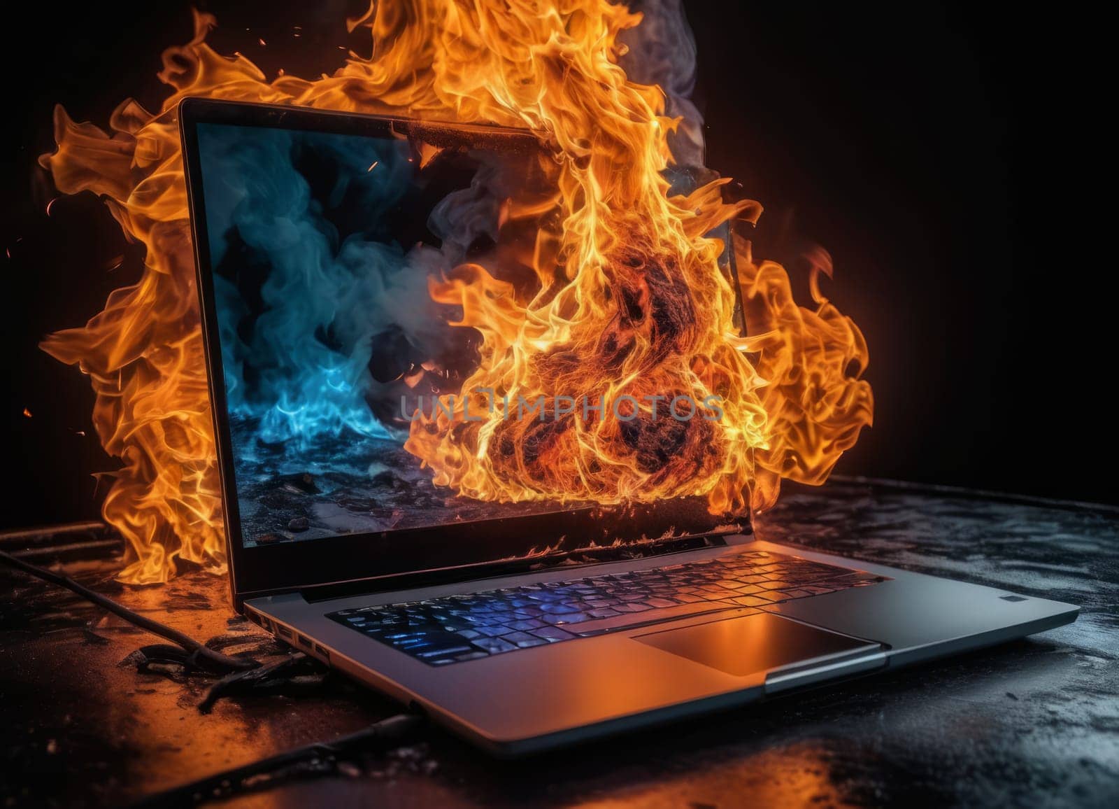 A dramatic image of a blue laptop engulfed in vivid orange and yellow flames, indicating a severe fire hazard or a metaphor for a disastrous situation.