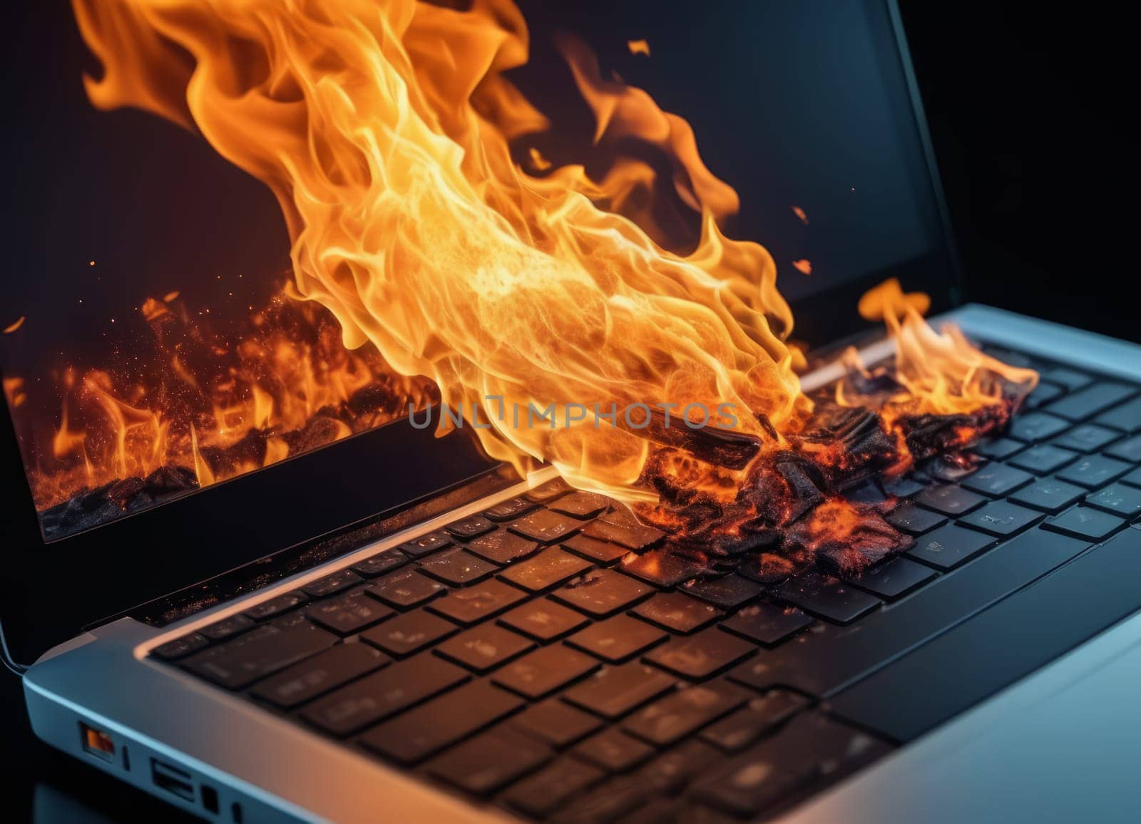 A dramatic image of a blue laptop engulfed in vivid orange and yellow flames, indicating a severe fire hazard or a metaphor for a disastrous situation.