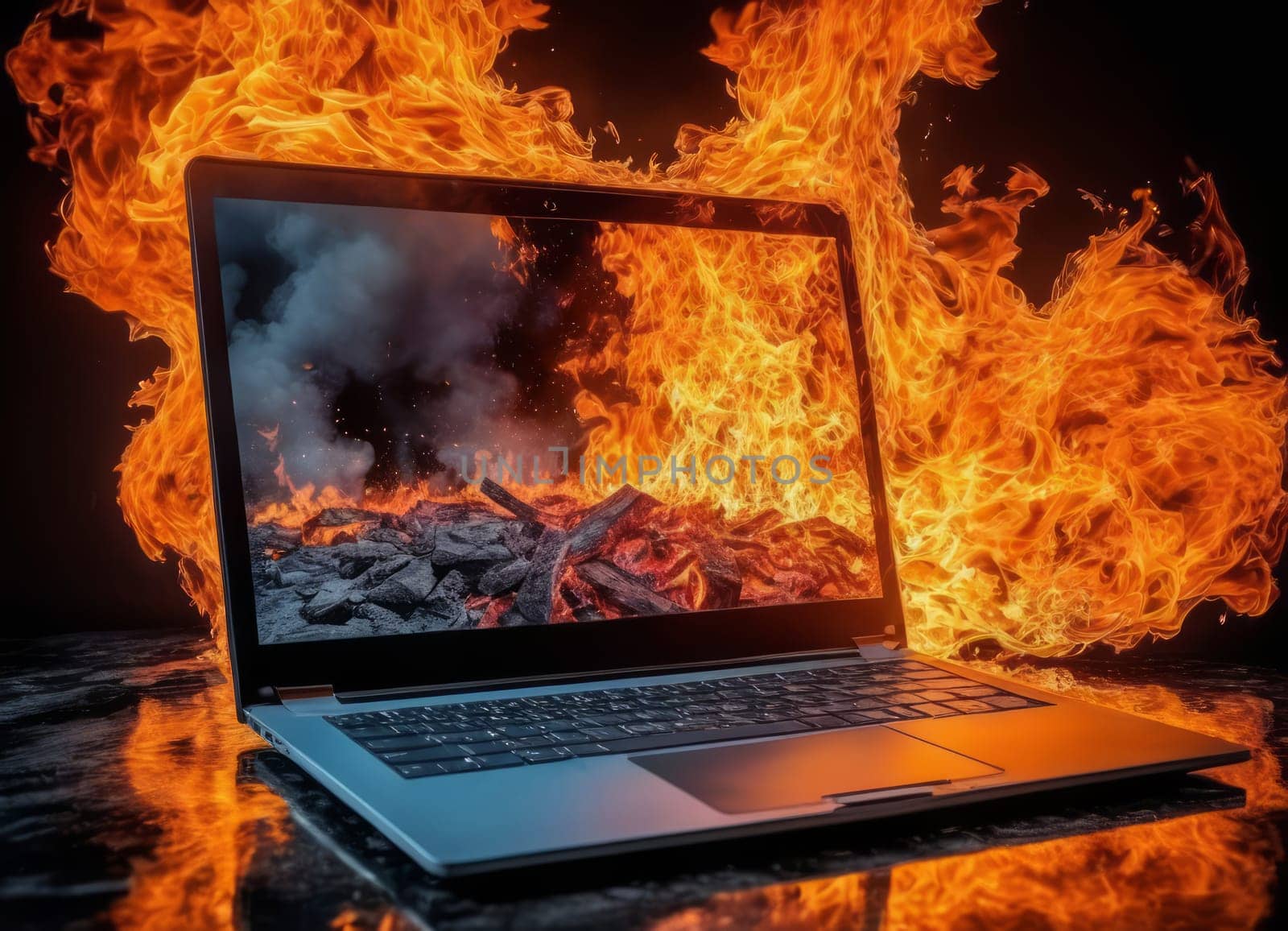 A dramatic image of a blue laptop engulfed in vivid orange and yellow flames, indicating a severe fire hazard or a metaphor for a disastrous situation.